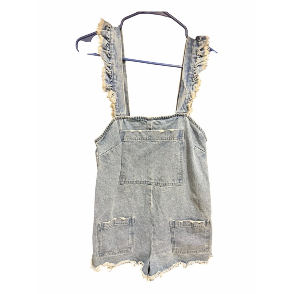 Show Me Your Mumu Haddie Denim Romper Ruffle Strap Frayed Lace Small - Picture 3 of 8